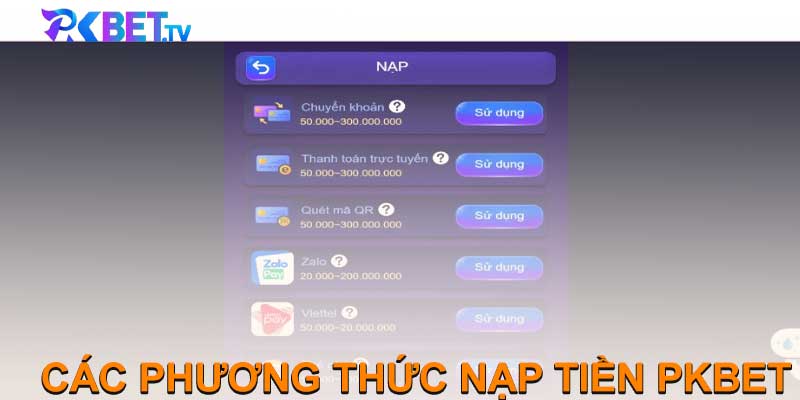 CÁC PHƯƠNG THỨC NẠP TIỀN PKBET